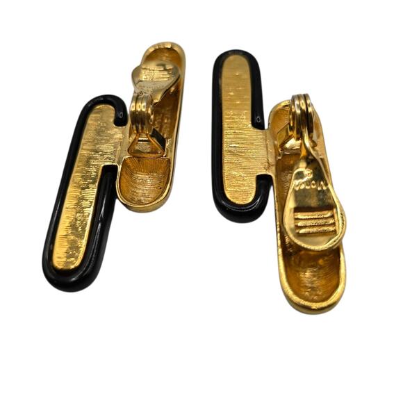 Monet Geometric Modernist Style Earrings Black Gold Tone Clip On Signed Vintage - Picture 4 of 6
